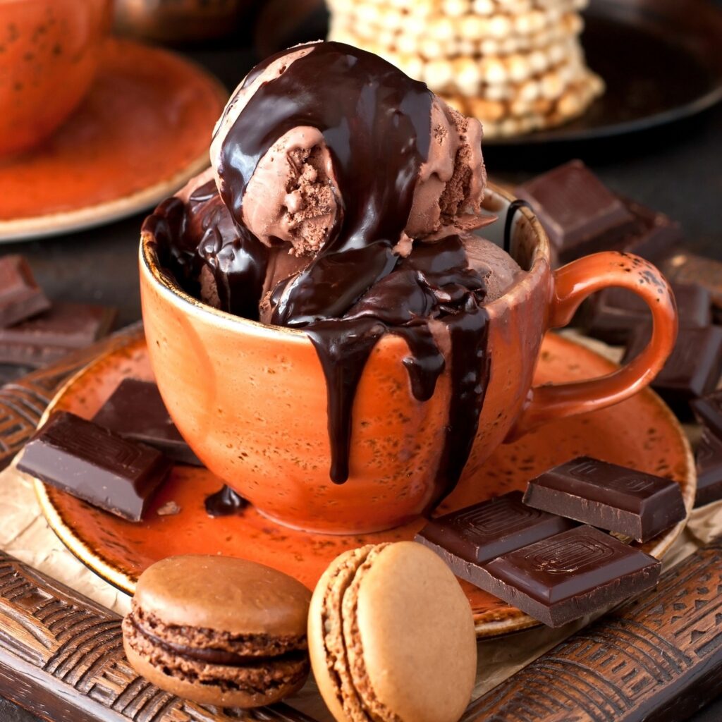 Chocolate ice cream with sweet syrup
